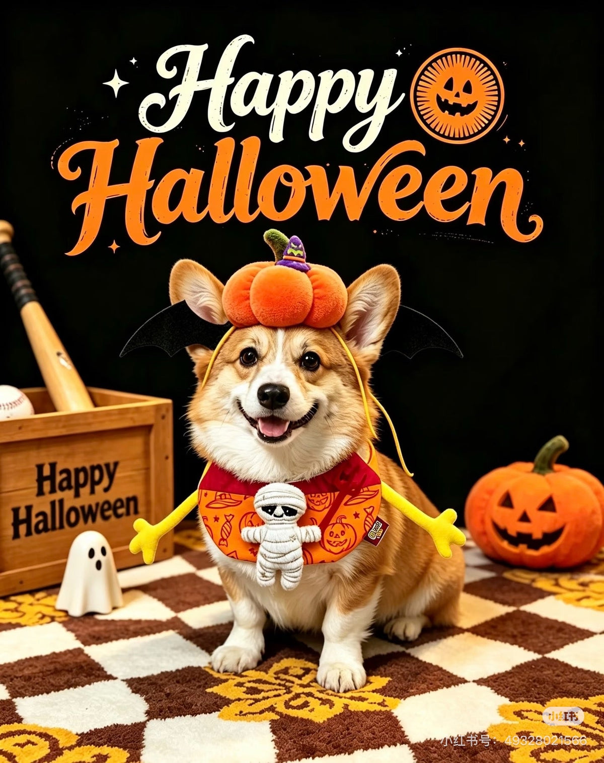 Halloween pet bandana and pumpkin bat hat on a corgi