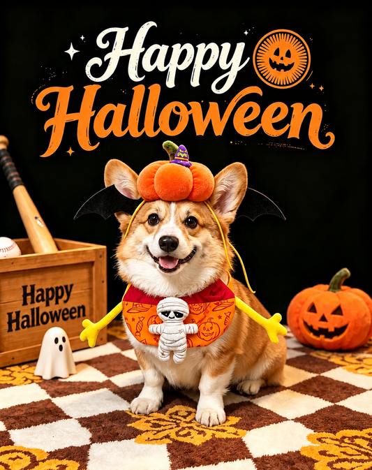 Corgi wearing the mummy bib and pumpkin bat headpiece set