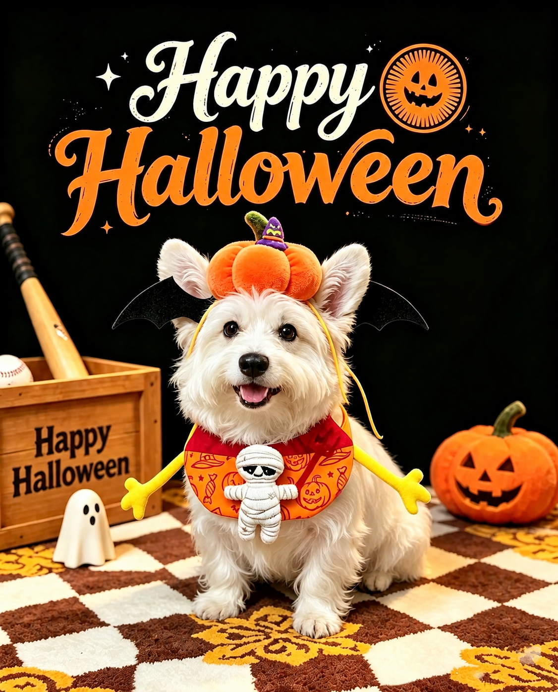 Small dog wearing the mummy bib and pumpkin bat headpiece set