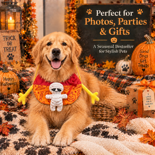 Golden retriever wearing the Halloween mummy bib