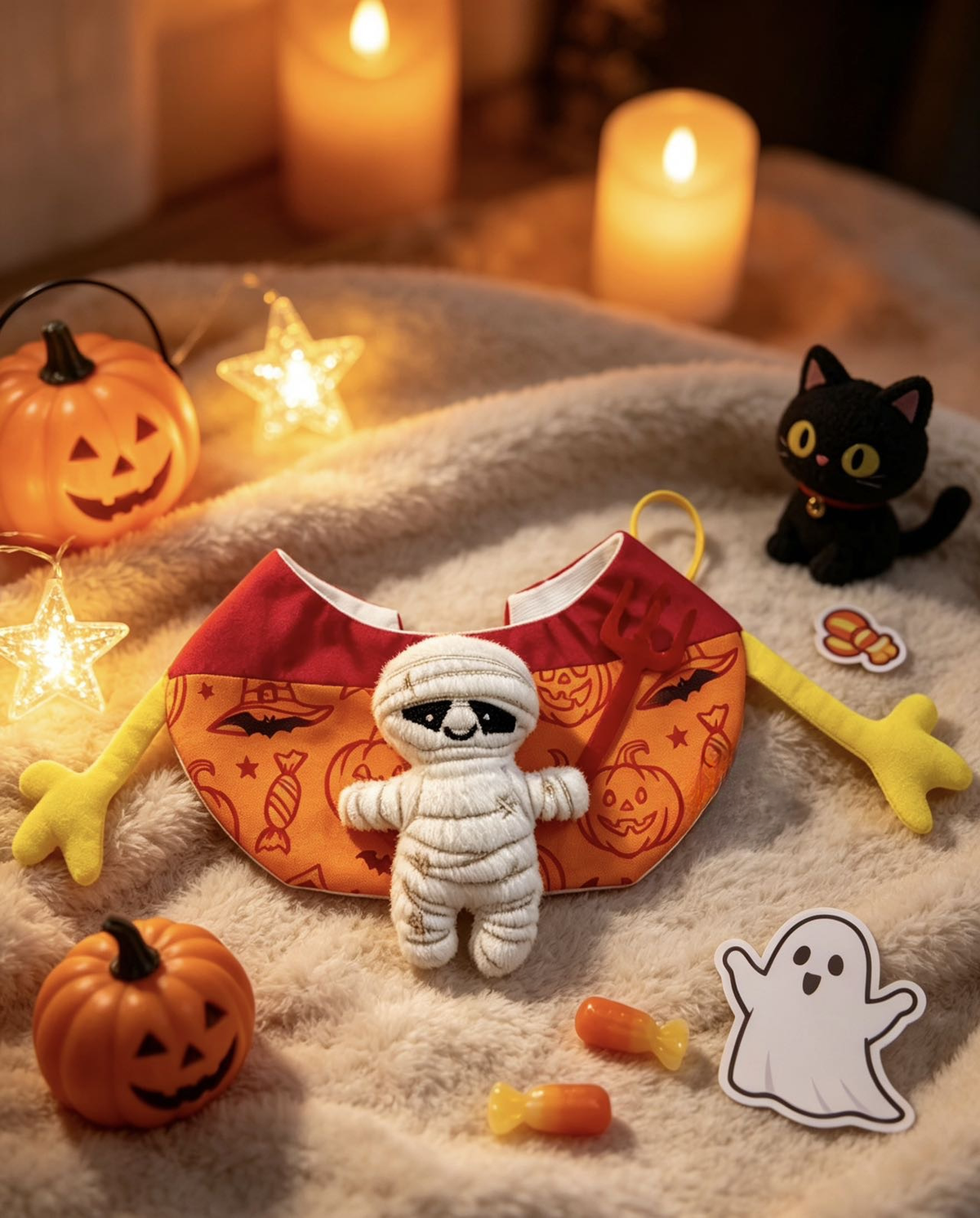 Halloween mummy dog bib styled with pumpkins, candles, and ghost decorations