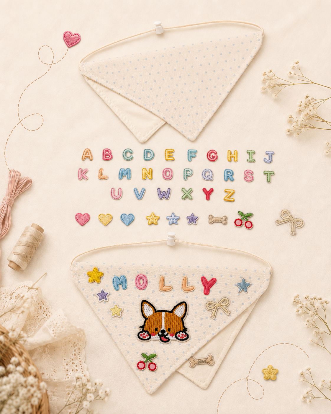Personalized pet bandana customization process with embroidered letters and patches
