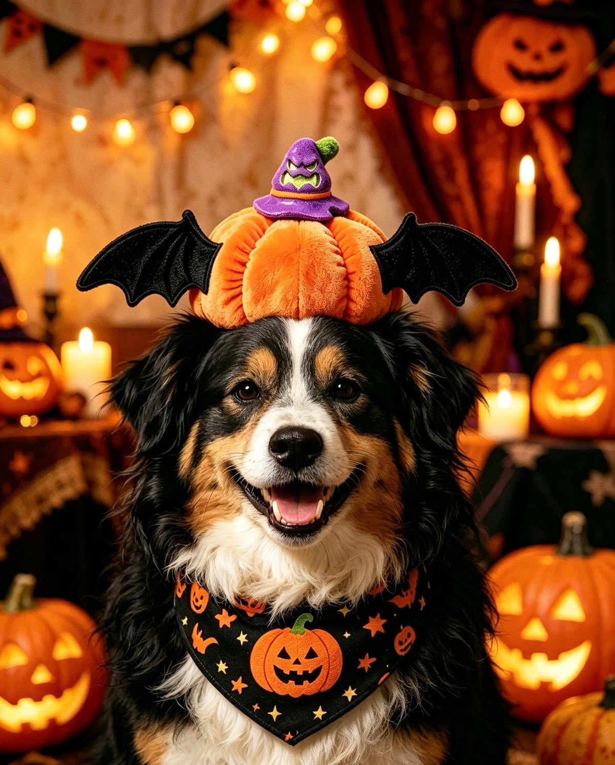 Dog wearing the plush pumpkin bat Halloween headpiece