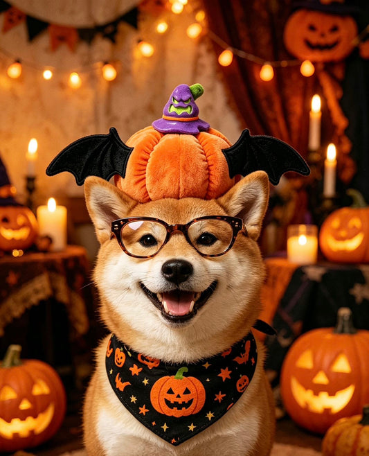 Small dog wearing the plush pumpkin bat Halloween headpiece