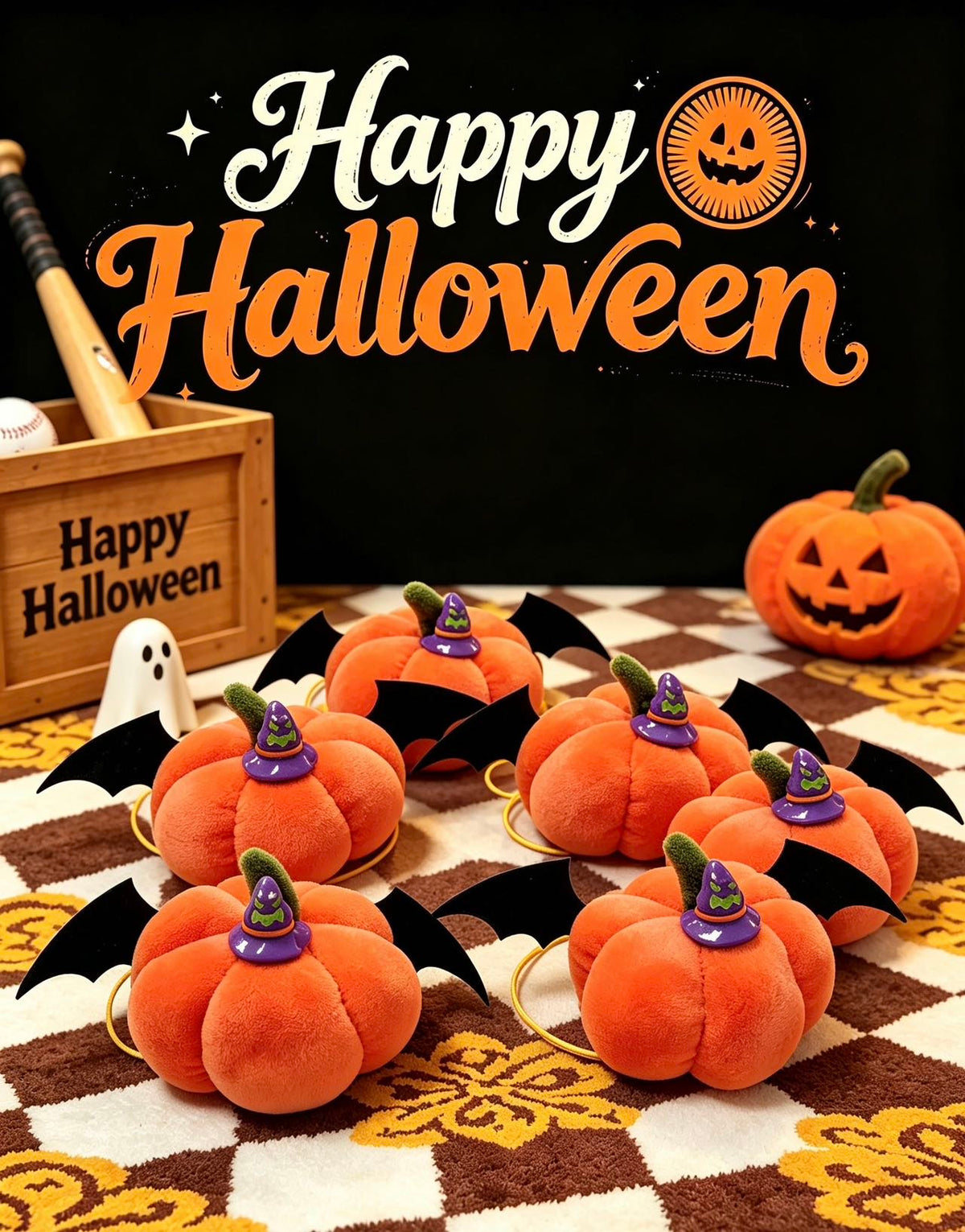 Halloween pumpkin bat pet headpieces displayed together